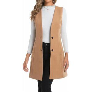 Women's Long Plaid Vest Fall Winter Trench Coat Sleeveless Blazer Jacket